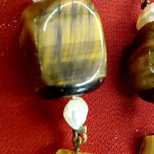 Vintage Handmade Tiger's Eye And Pearl Earrings 6 cm, like new