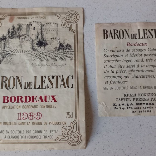 Baron De Lestac Bordeaux 1989 labels used, set of 19 pcs