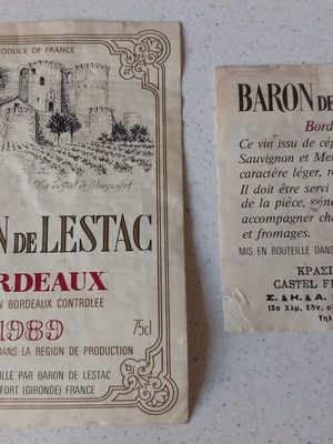 Baron De Lestac Bordeaux 1989 labels used, set of 19 pcs