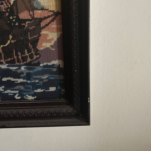 Vintage Handmade Gobelin Embroidery Sailboat in Wooden Frame