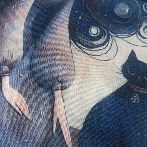 Canvas Tote Bag with Girl and Black Cat Artwork, 38x33 cm