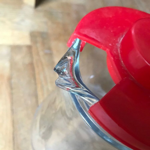 Glass jug with plastic lid used, retro style