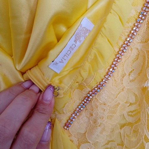 Maxi yellow evening dress with lace and strass, like new, size L/XL