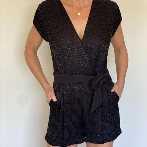 Diane Von Furstenberg Beaded Black Romper Like New Size M