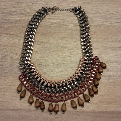 Boho necklace made of steel with leather and wood like new, multicolor