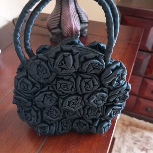 Satin black bag with flowers like new, handheld