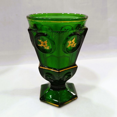 Rare Biedermeier Crystal Glass emerald like new with gold decoration