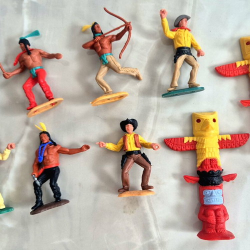 Timpo Cowboys and Indians set used with canoe, tent, totem, and figures