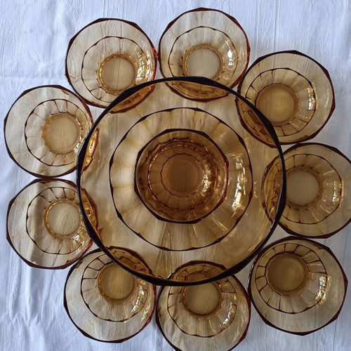 Art Déco vintage glass fruit salad set amber color like new, 11 pieces