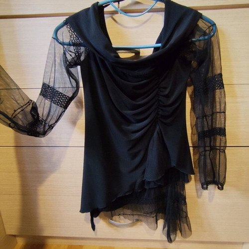 Black blouse with smile neckline and lace sleeves, size M