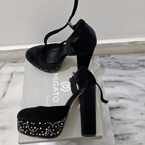 Migato closed black velvet pumps 12cm with ankle strap and studs