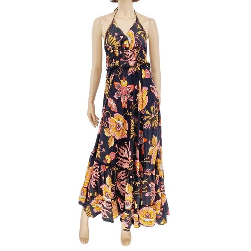 Long dress 100% viscose black with pink flowers new