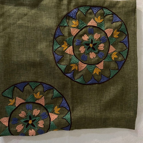 Decorative embroidered pillowcase in olive shade, new, boho ethnic design