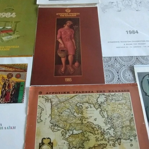 Old calendars used with images and large map of Greece