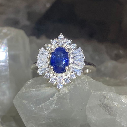 Handmade silver ring with natural blue sapphire and moissanites, new