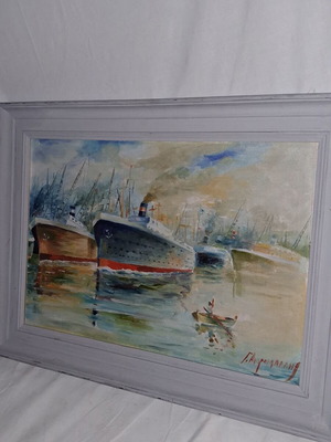 Georgios Aspromallis Oil Painting Greek Harbor with Steamships like new