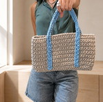 Handmade knitted shoulder bag beige and blue