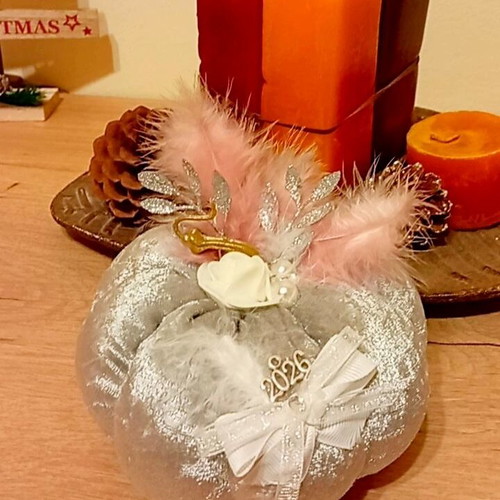 Handmade Large Velvet Pumpkin Lucky Charm 2026 in Silver Metallic Color
