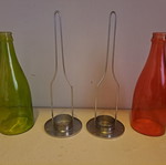 Set of 2 decorative candle holders with metal base and colored glass bottles