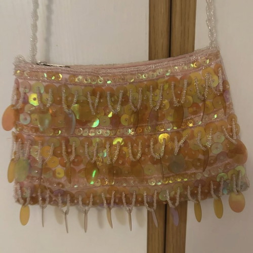 Shoulder bag used, beige and gold, spacious and comfortable