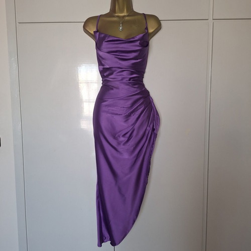 Shein purple satin ruched cross back slit dress, size M