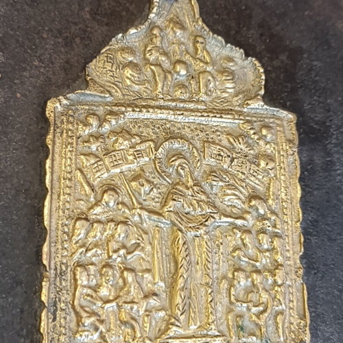 Old brass religious icon on wood, 17x14 cm