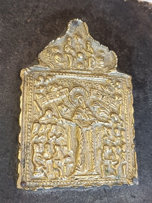 Old brass religious icon on wood, 17x14 cm