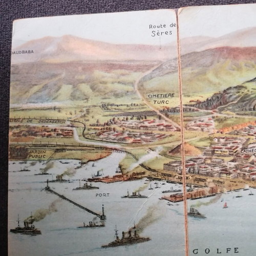 Thessaloniki panorama postcard used, 4-panel, 1919
