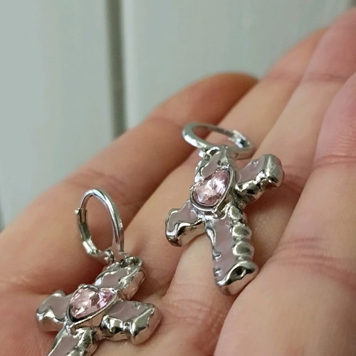 Retro women's stainless steel earrings with enamel and amethyst stone cross new