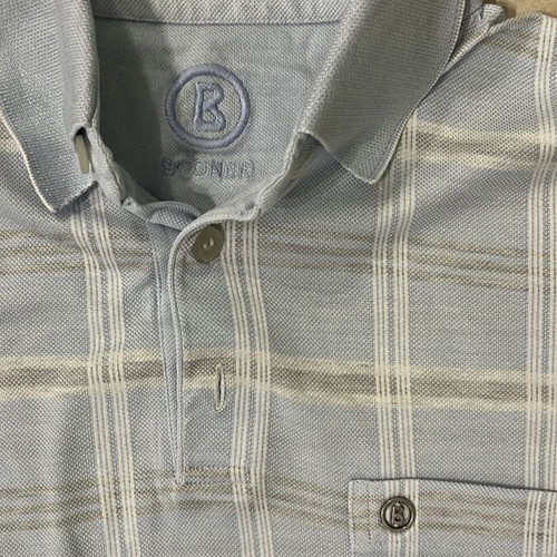 Bogner Polo Shirt, Light Blue Check, Chest Pocket, Vintage Style, Size M
