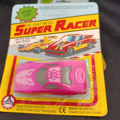 Lot of 3 Neon Die Cast Metal Super Racer Toy Cars new, 1980s