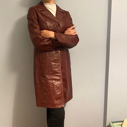 Vintage leather coat used, dark burgundy, size 46