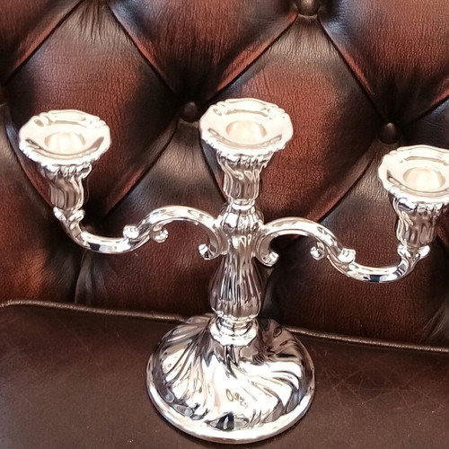 Silver-plated ornate three-arm candlestick new, excellent quality
