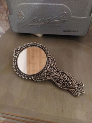 Vintage hand mirror used, silver-plated, heavy