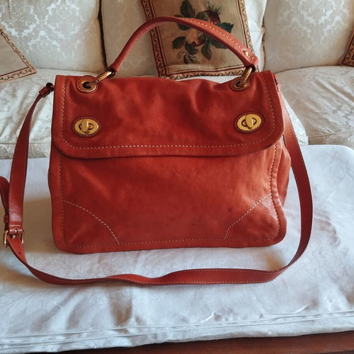 Car Shoe leather shoulder bag used, vintage patina, orange and gold