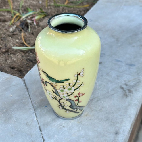 Vintage Japanese Cloisonné Sato vase used with cherry blossom and bird design