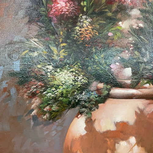 Grassia oil painting used, vase with flowers in handmade carved frame