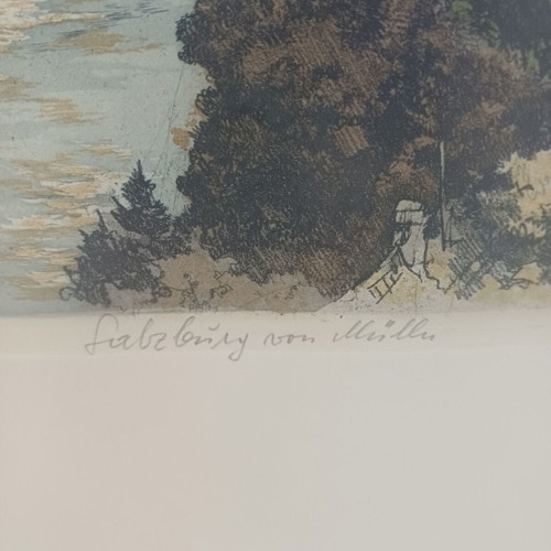 Salzburg Landscape Painting used with Hohensalzburg Fortress etching