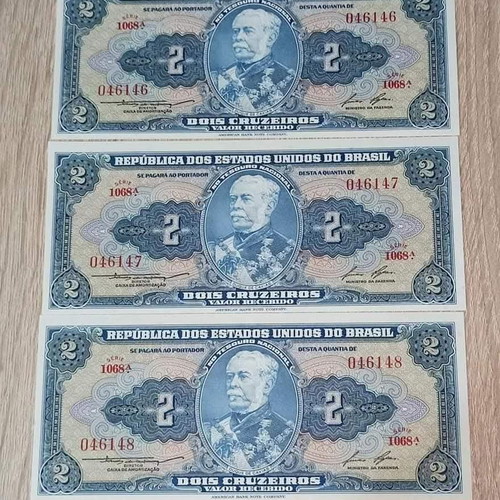 Brazil 2 Cruzeiros 1954 like new, pack of 3 consecutive
