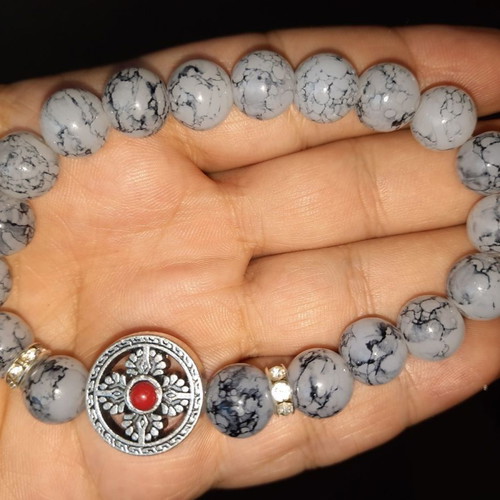 Bracelet with gray haolite semi-precious stones and metal cross new