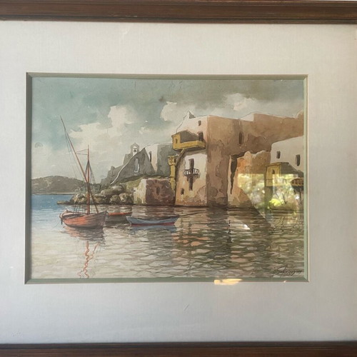 Watercolor by Konstantinos Sofianopoulos Island Landscape with Chapel and Boats framed
