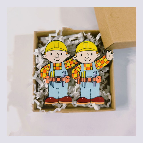 Bob The Builder wooden handmade earrings with stud fastening