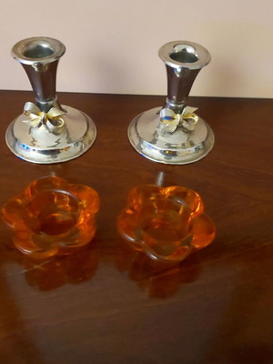 Silver-plated and glass candlesticks used, set of 4 pieces