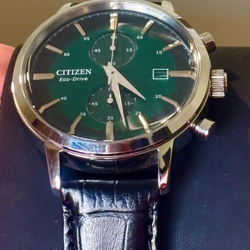 Citizen Eco Drive CA7069-24X watch like new, green dial, leather strap