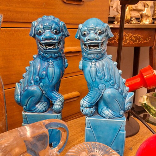 Antique Chinese Turquoise Blue Porcelain Foo Dogs 31 cm, Set of 2