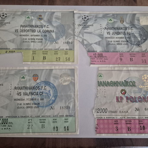 Panathinaikos Champions League tickets 2000-2001 season, set of 4
