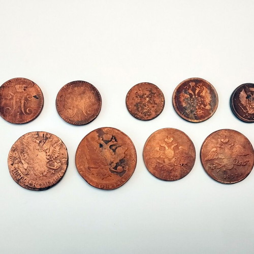 Russian collection of old coins used, 9 pieces (1764-1859)