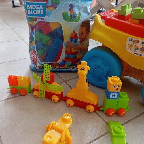 Clementoni baby walker with Mega Blocks and train toy used
