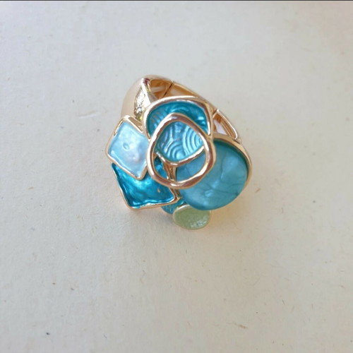 Boho elastic stainless steel ring in gold with turquoise coating like new