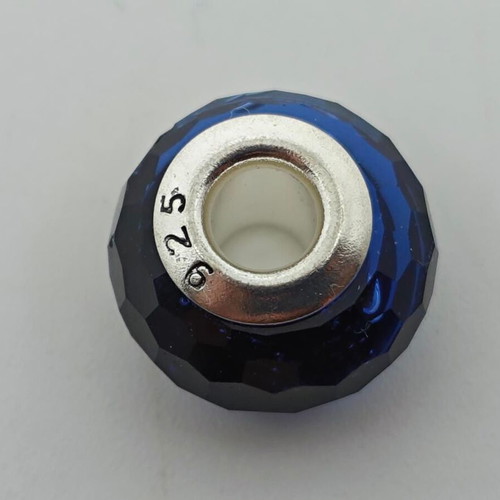 Murano glass charm bead with 925 silver ring in blue, like new